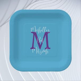 Bat Mitzvah Sky Blue Lila White Name Monogram Pappteller