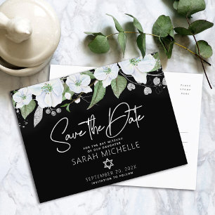 Bat Mitzvah Speichert Datum Floral Schwarz Silber Einladungspostkarte