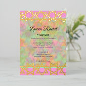 Bat Mitzvah Star Border Pink Lila grünes Muster Folieneinladung (Stehend vorne)