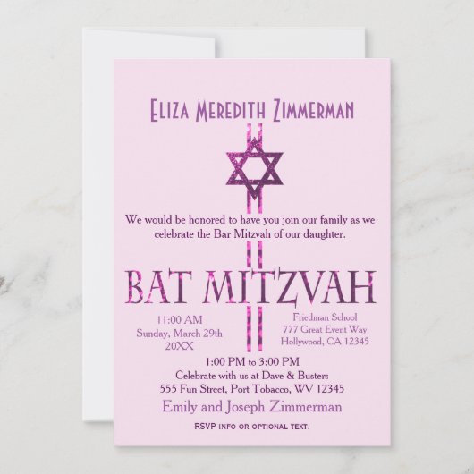 Bat Mitzvah | Star of David | Rosa Einladung (Vorderseite)
