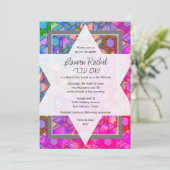 Bat Mitzvah Star von David Blue und Pink Damask Einladung (Stehend Vorderseite)