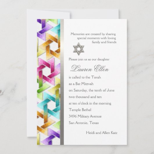 Bat Mitzvah Star von David Rainbow Damask Einladung (Rückseite)