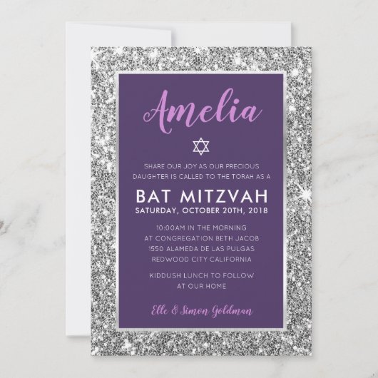 BAT MITZVAH Stern cool zwischen lila Silber einlad Einladung (Vorderseite)