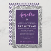BAT MITZVAH Stern cool zwischen lila Silber einlad Einladung (Vorne/Hinten)