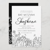 Bat Mitzvah Stilvolle Skripte Blumenskizze Einladung (Vorne/Hinten)