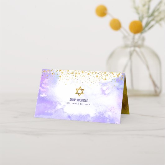 Bat Mitzvah Trendy Gold Punkte auf Lila Wasser Platzkarte (Rückseite)