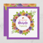 Bat Mitzvah Trendy Modern Floral Square Einladung (Vorne/Hinten)