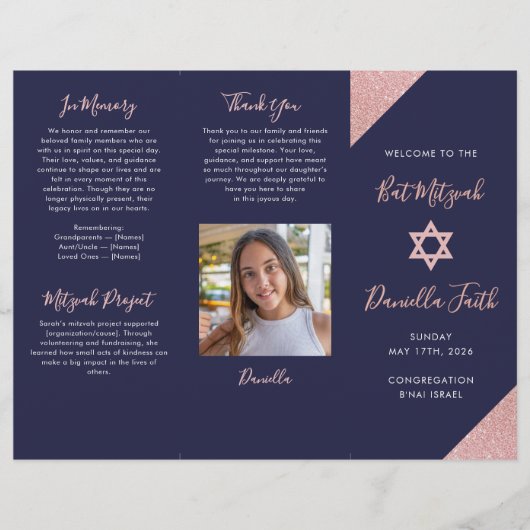 Bat Mitzvah Tri-Fold Program Navy Rose Gold  Flyer (Vorne)
