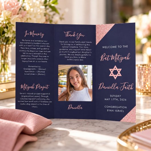 Bat Mitzvah Tri-Fold Programm Navy Rose Gold Flyer