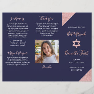 Bat Mitzvah Tri-Fold Programm Navy Rose Gold Flyer