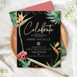 Bat Mitzvah Tropical Black Gold Floral Watercolor<br><div class="desc">Seien Sie stolz, freuen Sie sich und präsentieren Sie diesen Meilenstein Ihres Lieblings-Bat Mitzvah! Inklusive dieser modernen, raffinierten, personalisierten Beilage für zusätzliche Informationen zu Ihrer Veranstaltung. Stilvolle, atemberaubende, farbenfrohe, tropische Wasserfarbenvögel paradiesischer Blume, Imitate goldgeschriebenes Drehbuch, Star of David und Glitzer Punkte, zusammen mit modernen Sans Serif Typ, überlagern einen dramatischen,...</div>