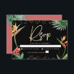 Bat Mitzvah Tropical Black Gold Palm Wasserfarbe RSVP Karte<br><div class="desc">Seien Sie stolz, freuen Sie sich und feiern Sie diesen Meilenstein Ihres Lieblings-Bat Mitzvah mit dieser raffinierten, personalisierten UAWG Insert-Karte für Ihre Veranstaltung! Stilvolle, atemberaubende, farbenfrohe, tropische Wasserfarbenvögel paradiesischer Blume, Imitate goldgeschriebenes Drehbuch, Star of David und Glitzer Punkte, zusammen mit modernen Sans Serif Typ, überlagern einen dramatischen, schwarzen Hintergrund. Zusätzliche...</div>