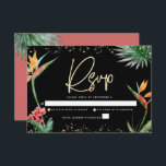 Bat Mitzvah Tropical Black Gold Palm Wasserfarbe RSVP Karte<br><div class="desc">Seien Sie stolz, freuen Sie sich und feiern Sie diesen Meilenstein Ihres Lieblings-Bat Mitzvah mit dieser raffinierten, personalisierten UAWG Insert-Karte für Ihre Veranstaltung! Stilvolle, atemberaubende, farbenfrohe, tropische Wasserfarbenvögel paradiesischer Blume, Imitate goldgeschriebenes Drehbuch, Star of David und Glitzer Punkte, zusammen mit modernen Sans Serif Typ, überlagern einen dramatischen, schwarzen Hintergrund. Zusätzliche...</div>