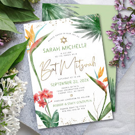 Bat Mitzvah Tropical Floral Watercolor Gold Script Einladung