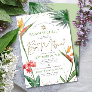 Bat Mitzvah Tropical Floral Watercolor Gold Script Einladung