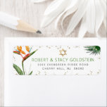 Bat Mitzvah Tropical Gold Palm Wasserfarbenadresse<br><div class="desc">Seien Sie stolz, freuen Sie sich und feiern Sie diesen Meilenstein Ihres Lieblings-Bat Mitzvah mit diesem raffinierten, personalisierten Rücksendelabel! Stilvolle, atemberaubende, farbenfrohe tropische Wasserfarbenvögel paradiesischer Blume, Imitate goldener Star von David und Glitzer Punkte und grün und grau moderne Sans Serif Typ Overlay einen weißen Hintergrund. Personalisieren Sie den benutzerdefinierten Text...</div>