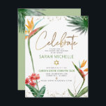Bat Mitzvah Tropical Gold Script Floral Wasserfarb Begleitkarte<br><div class="desc">Seien Sie stolz, freuen Sie sich und präsentieren Sie diesen Meilenstein Ihres Lieblings-Bat Mitzvah! Fügen Sie diese moderne, funkelnd, personalisierte Einlage für zusätzliche Informationen zu Ihrer Veranstaltung ein. Stilvolle, atemberaubende, farbenfrohe, tropische Wasserfarbenvögel paradiesischer Blume, Imitate goldgeschriebenes Drehbuch, Star of David und Glitzer Punkte, zusammen mit grün und grau modernen Sans...</div>