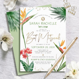Bat Mitzvah Tropical Gold Script Floral Wasserfarb Einladung