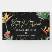 Bat Mitzvah Tropical Palm Leaf Black Gold Willkomm Banner (Horizontal)