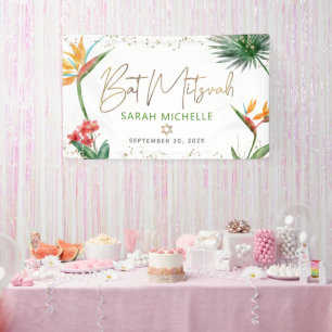 Bat Mitzvah Tropical Palm Leaf Gold Script Willkom Banner