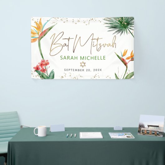 Bat Mitzvah Tropical Palm Leaf Gold Script Willkom Banner (Messeveranstaltung)