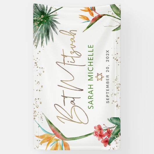 Bat Mitzvah Tropical Palm Leaf Gold Script Willkom Banner (Vertikal)