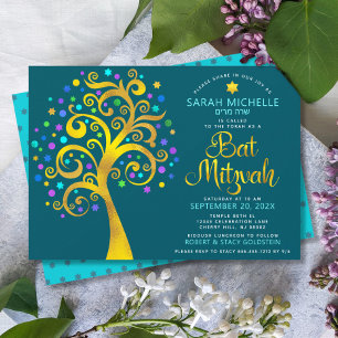 Bat Mitzvah Türkis Goldfolie Script Baum des Leben Einladung