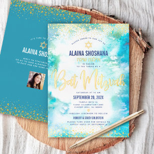 Bat Mitzvah Türkis Wasserfarbe Foto echtes Gold Folieneinladung