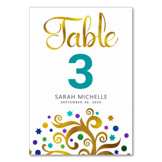 Bat Mitzvah Türkis Weiße goldene Foil Tree of Life Tischnummer (Vorderseite)
