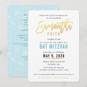 BAT MITZVAH Türkisblaues Goldskript SAMANTHA Einladung
