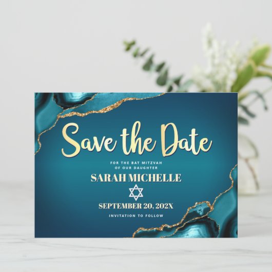Bat Mitzvah Turquoise Agate Ombre Gold Script Chic Save The Date (Stehend Vorderseite)