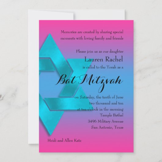 Bat Mitzvah Turquoise bis Pink Ombre mit Star Einladung (Vorderseite)
