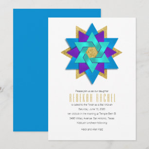 Bat Mitzvah Turquoise Blue Lila Aqua Star Blume Einladung
