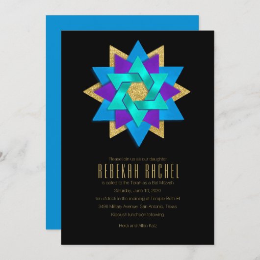Bat Mitzvah Turquoise Blue Lila Aqua Star Blume Einladung (Vorne/Hinten)