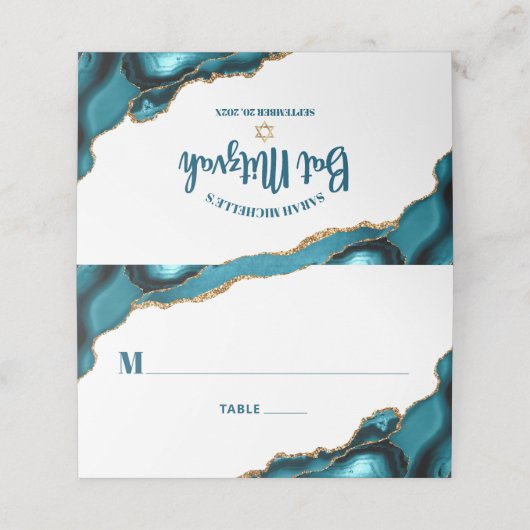 Bat Mitzvah Turquoise Gold Agate Einfache Moderne Platzkarte (Außenseite Aufgefaltet)