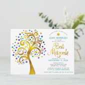 Bat Mitzvah Turquoise Gold Moderner Baum des Leben Einladung (Stehend Vorderseite)
