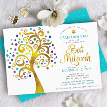 Bat Mitzvah Turquoise Gold Moderner Baum des Leben