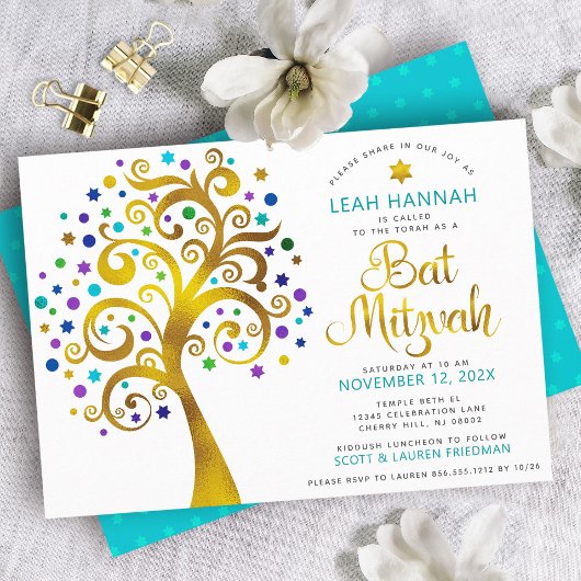 Bat Mitzvah Turquoise Gold Moderner Baum des Leben Einladung