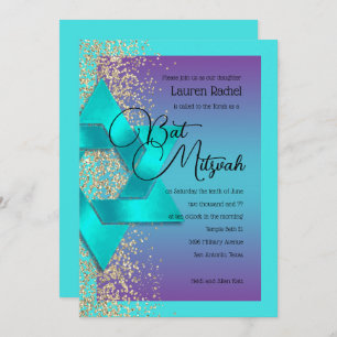 Bat Mitzvah Turquoise Lila Ombre Gold Glitzer Einladung