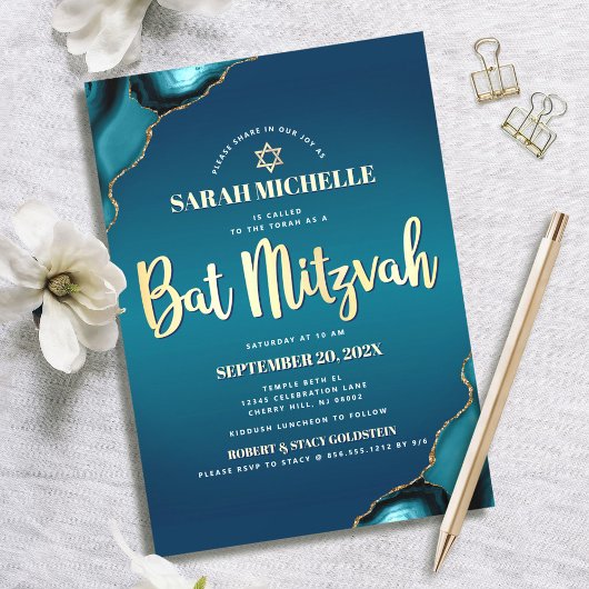 Bat Mitzvah Turquoise Ombre Agate Gold Script Chic Einladung