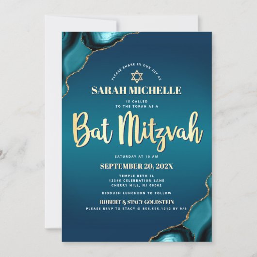 Bat Mitzvah Turquoise Ombre Agate Gold Script Chic Einladung (Vorderseite)