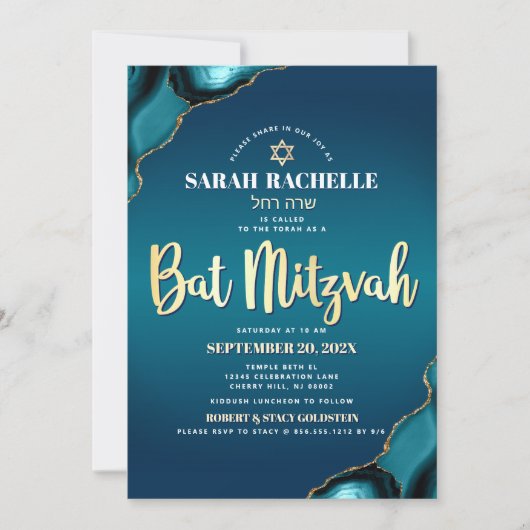 Bat Mitzvah Turquoise Ombre Agate Gold Skript Bold Einladung (Vorderseite)