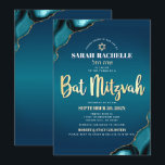 Bat Mitzvah Turquoise Ombre Agate Gold Skript Bold Einladung<br><div class="desc">Seien Sie stolz, freuen Sie sich und präsentieren Sie diesen Meilenstein Ihres Lieblings-Bat Mitzvah! Versenden Sie diese coole, einzigartige, moderne, personalisierte, hebräische Namensaufforderung für eine Veranstaltung, an die Sie sich erinnern können. Imitate Goldfolien-Schrift Typografie, weiße Sans Serif Typografie, und ein Imitat goldener Star von David überlagern einen tieftürkisfarbenen aquamarinen, blauen...</div>