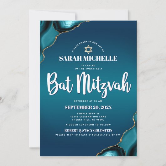 Bat Mitzvah Turquoise Ombre Agate Modernes Skript Einladung (Vorderseite)