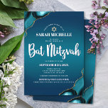 Bat Mitzvah Turquoise Ombre Agate Modernes Skript Einladung<br><div class="desc">Seien Sie stolz, freuen Sie sich und präsentieren Sie diesen Meilenstein Ihres Lieblings-Bat Mitzvah! Versenden Sie diese coole, einzigartige, moderne, personalisierte Einladung für eine Veranstaltung, an die Sie sich erinnern können. Die Typografie der weißen Schrift und die Imitate goldener Stern von David überlagern einen tieftürkisfarbenen, aquamarinen, dunkelblauen Hintergrund mit türkisblauem...</div>