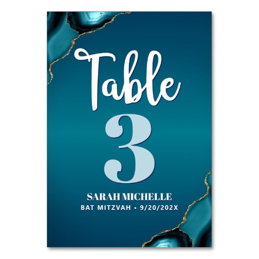 Bat Mitzvah Turquoise Ombre Agate Script Modern Tischnummer (Rückseite)