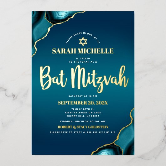 Bat Mitzvah Turquoise Ombre Agate Script Real Gold Folieneinladung (Vorderseite)