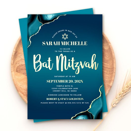 Bat Mitzvah Turquoise Ombre Agate Script Real Gold Folieneinladung