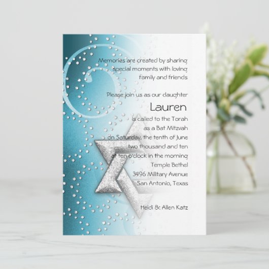 Bat Mitzvah Turquoise Shimmer Star von David Einladung (Stehend Vorderseite)