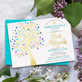 Bat Mitzvah Turquoise Tree o Life Script Real Gold Folieneinladung